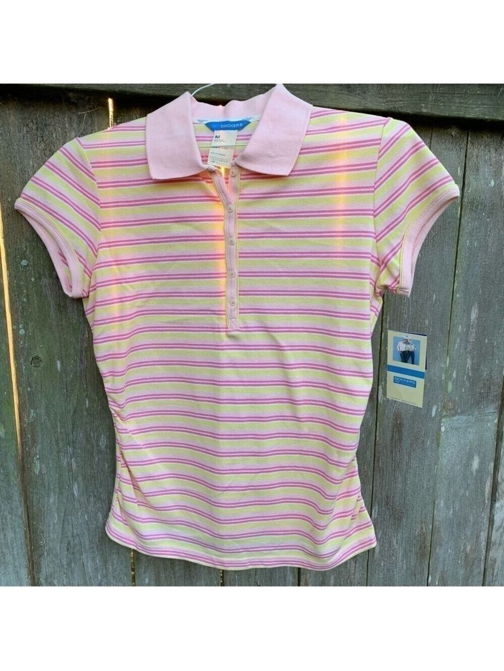DOCKERS striped pique knit maternity short sleeve polo shirt pastel Barbiecore